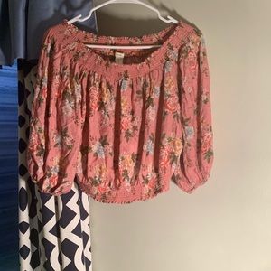 Pink floral off-the-shoulder crop top